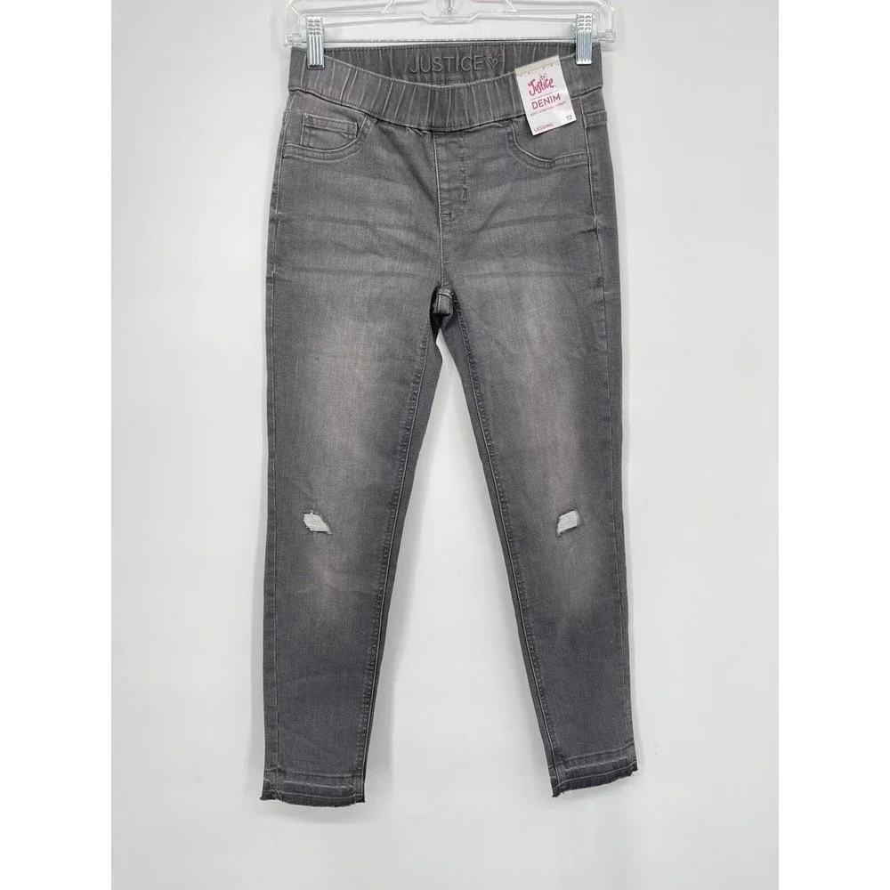 Justice 12 Denim Leggings Kids Grey NEW Distressed‎ Frayed Hem Jeggings
